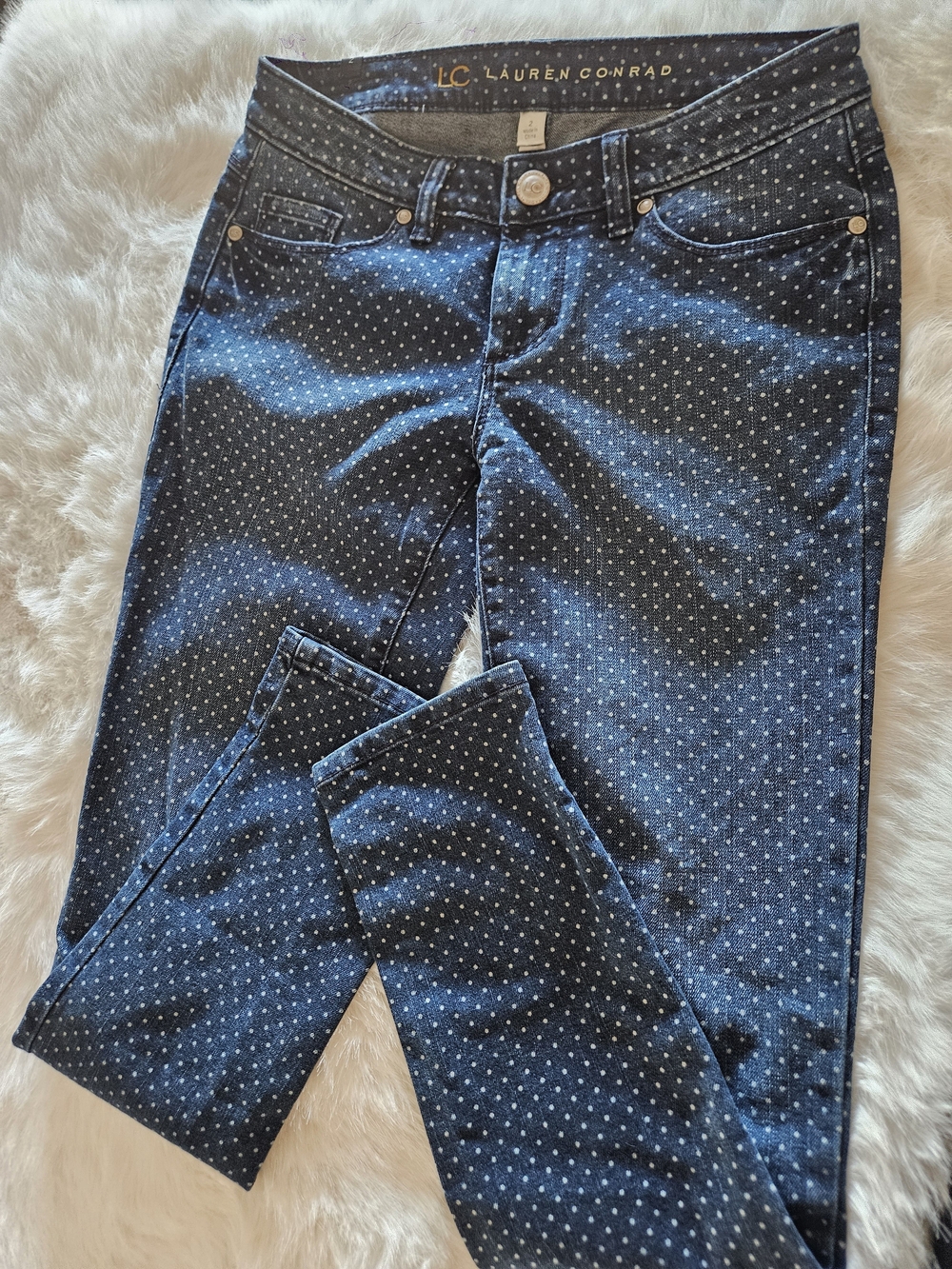 LC Lauren Conrad Dark Blue Polka Dot Skinny Jeans